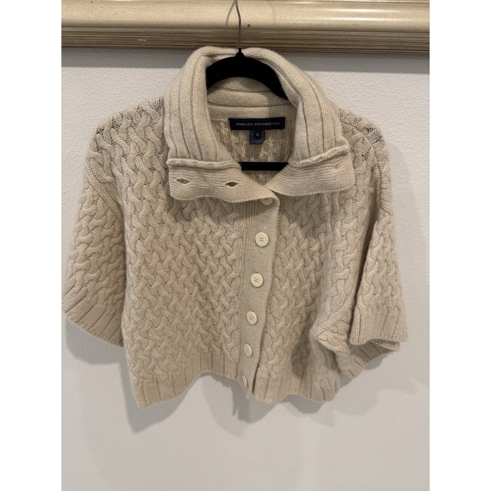 French Connection Cable Knit Cardigan Sweater Sz S Cream Alpaca Blend Button - Picture 2 of 13